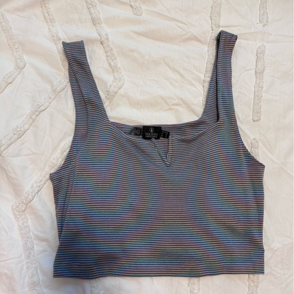 Volcom Blue and Gray Striped Tank Top